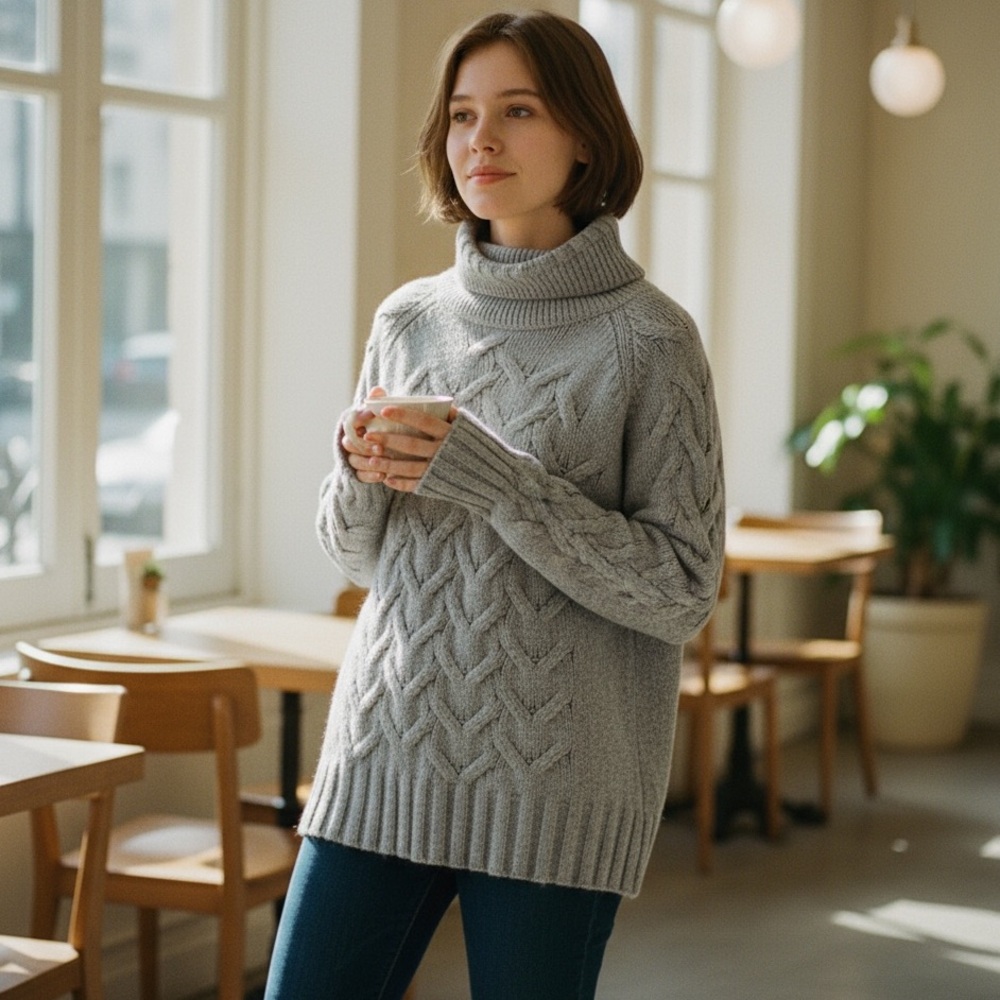 PAPER LABEL Camel Wool Blend Cable Knit Sweater